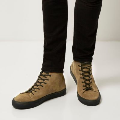 Beige suede lace-up high top trainers